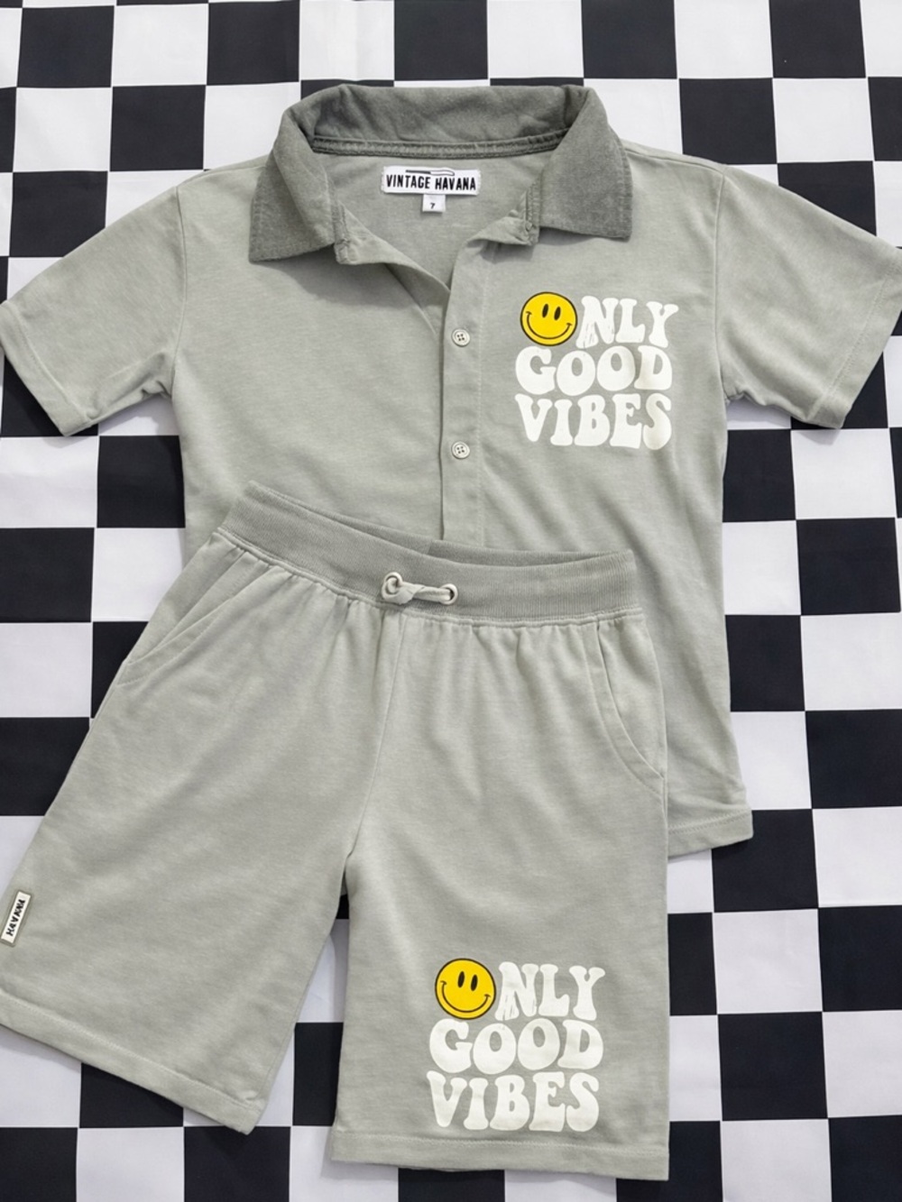 Vintage Havana Kids Sage Polo & Shorts “Only Good Vibes” Yellow Smiley Set 7